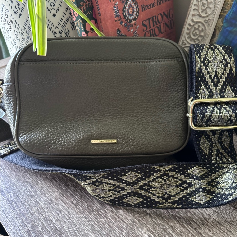 Rebecca Minkoff Olive Leather Crossbody with Patterned Jacquard Strap